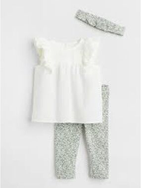 Baby Girl White Flutter Sleeve Top with Green Floral Leggings & Headband